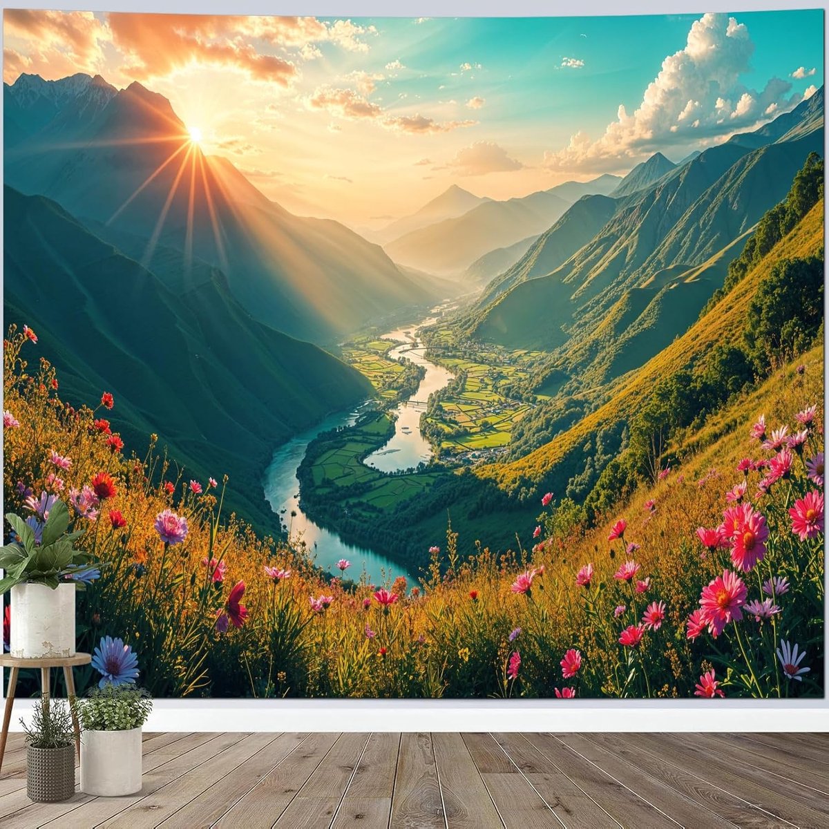 Wandtapijt Zonsondergang 200, Wandtapijt Bergen Rivier Bloemen Landschap, Wanddecoratie voor Slaapkamer