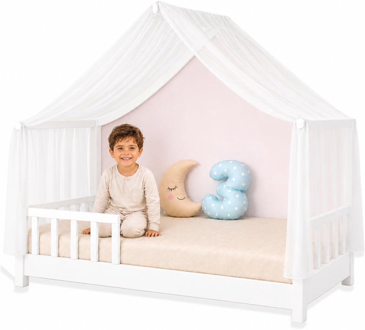 Huisbed hemel van 100% polyester - uniek stuk - ademend en duurzaam - bedhemel luifel voor kinderbed en huisbed, kinderkamer decoratie (zuiver wit, 160 x 400 cm)