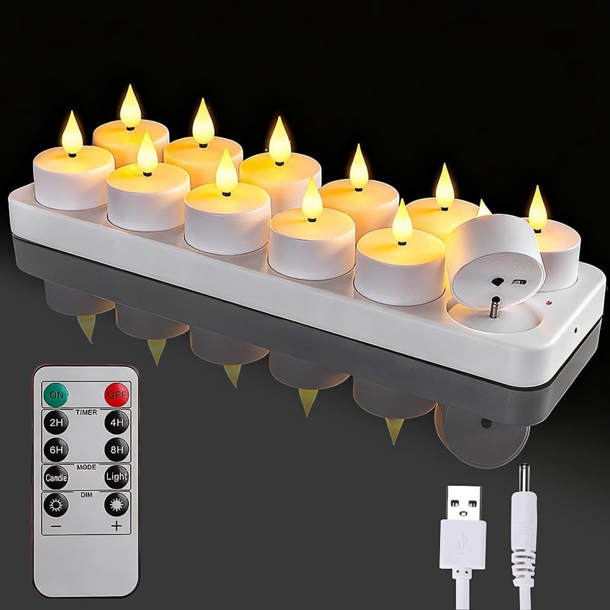 Oplaadbaar, 12 stuks, led-theelichtjes met timer en afstandsbediening, oplaadbare kaarsen, flikkerend met laadstation voor thuis, kamer, Halloween, Kerstmis, bruiloftsdecoratie