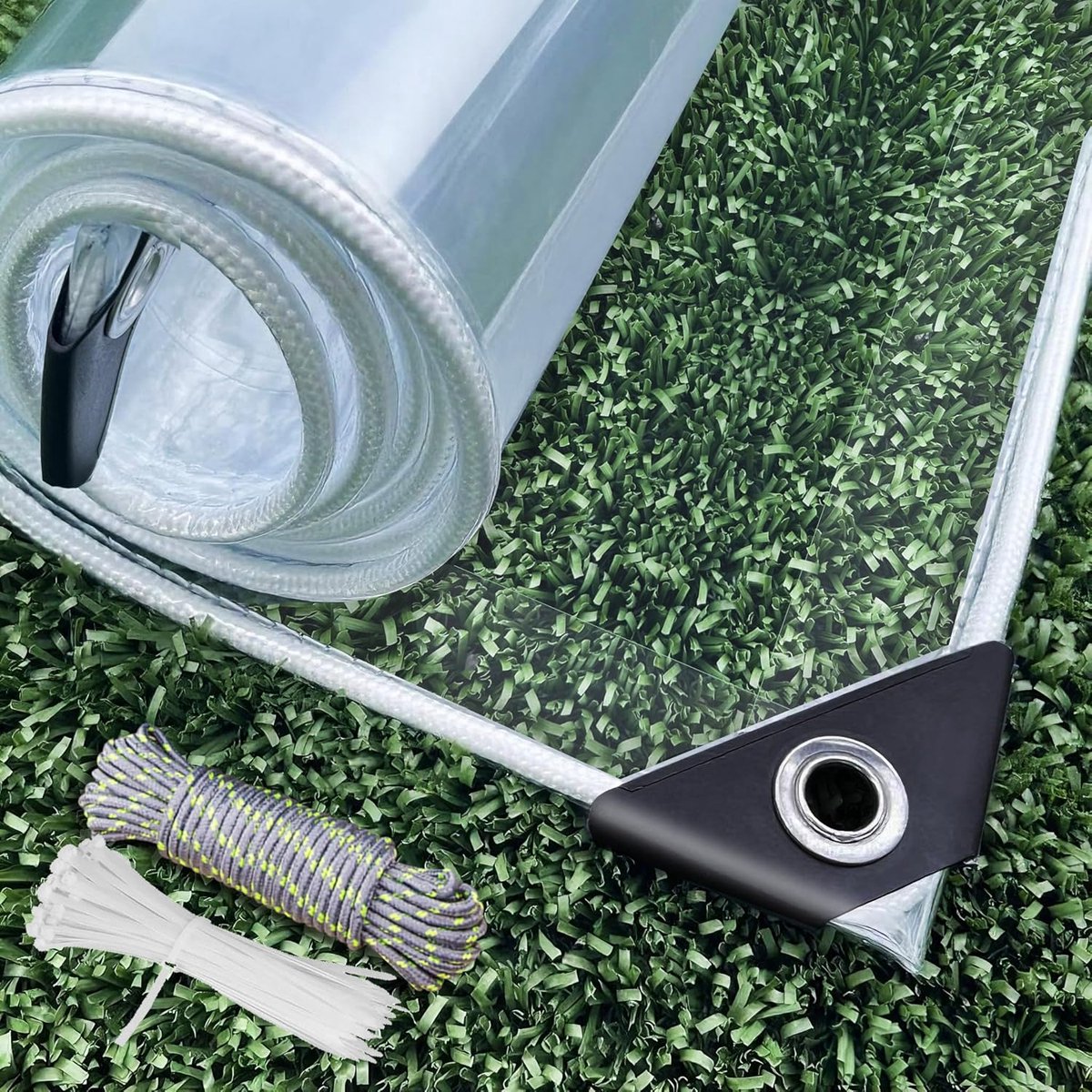 Transparant afdekzeil, waterdicht, duurzaam, 450 g/m², transparant pvc-zeil met oogjes, winddicht, scheurvast, voor tuin, paviljoen, terrasoverkapping, met kabelbinders (3 x 5 m)