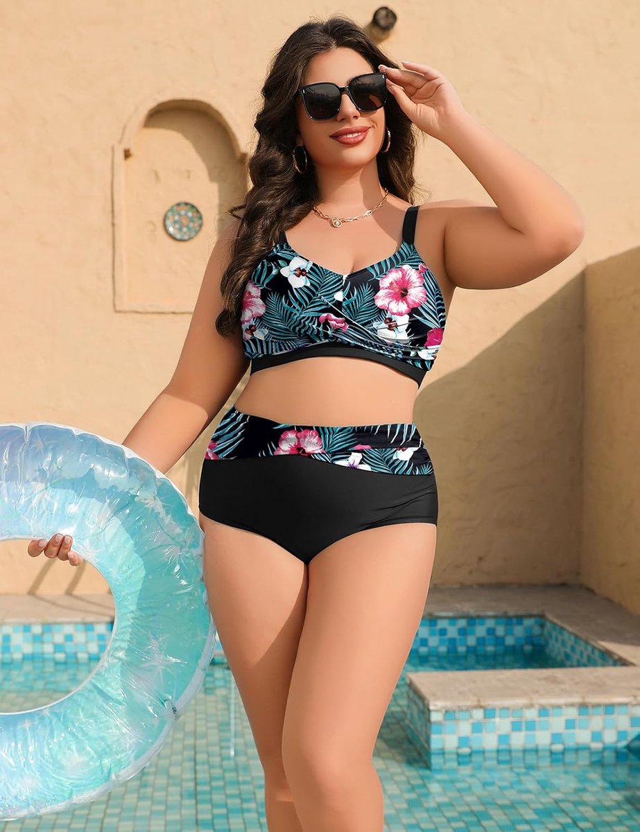 Plus size bikini‘s voor dames, set bestaande uit bikinitopje en bikinibroekje met hoge taille, met buikcontrole en geplooide details, badkleding, zwemkostuum, 2-delige set met kussentjes