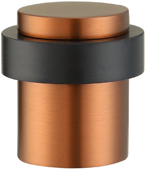 Geborstelde bronzen vloer deurstopper met zwarte rubberen bumper.