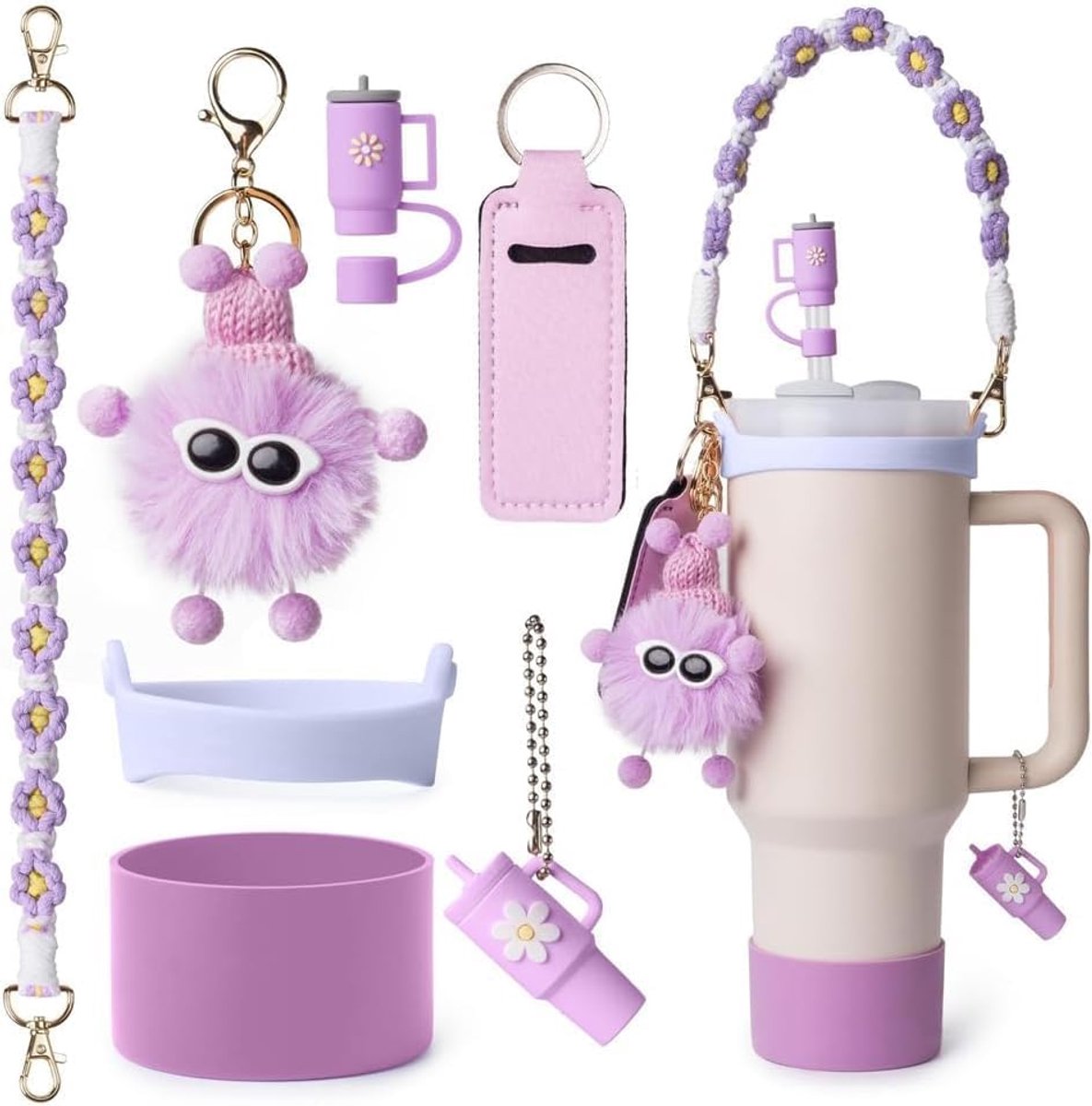 Beker-accessoires, 7-delige set inclusief handvat, waterfles-afdekkingen, rietje, siliconen pomponhanger, pluche voor 100 ml, 100 ml, paars
