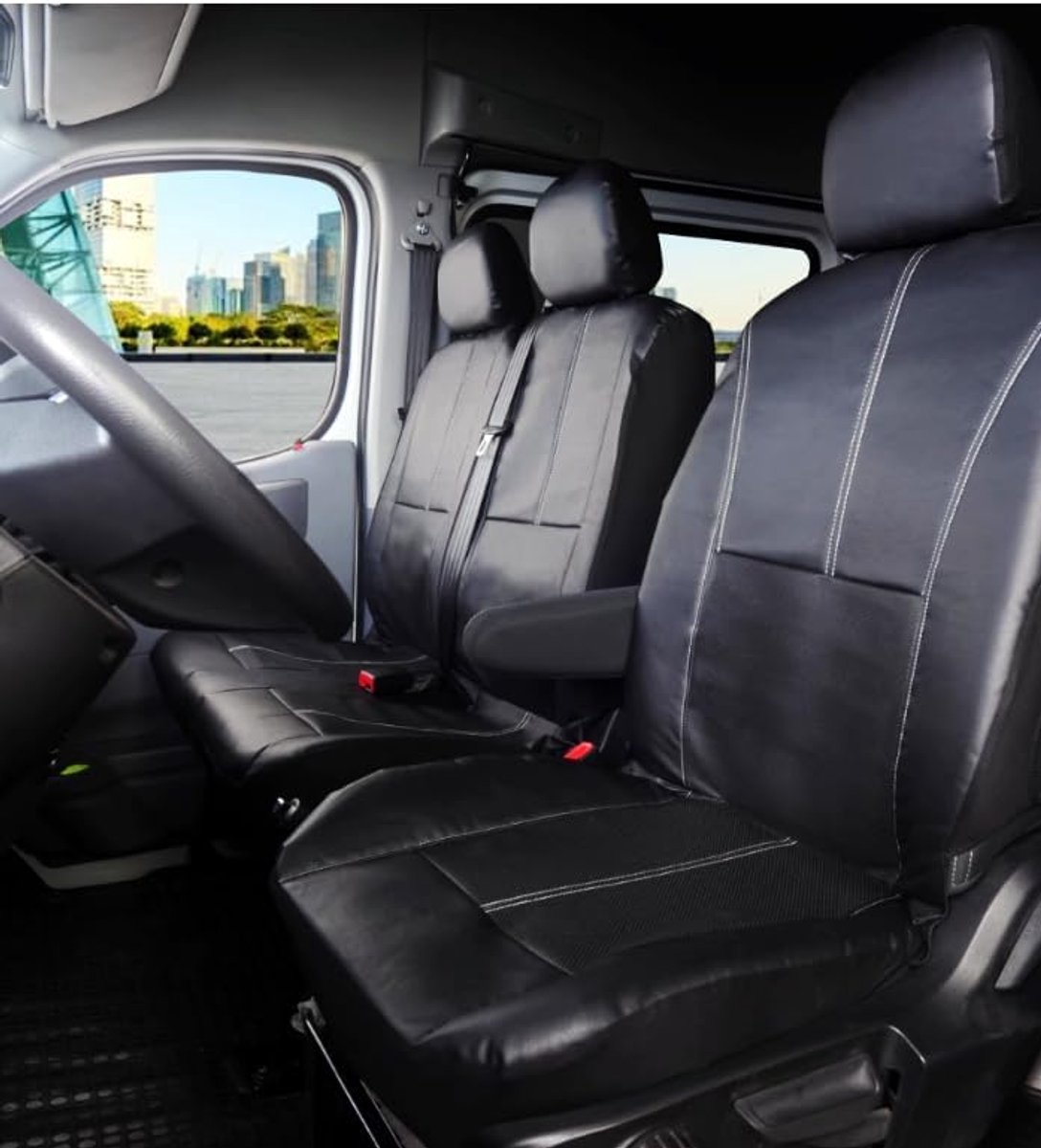 Autostoelhoezen voor bestelwagen vrachtwagen PU leder Van Stoelhoezen Voorstoelhoezen Voorstoelhoezen voor Enkele Rijder en Dubbele passagiersstoel Stoelbeschermerset, Zwart