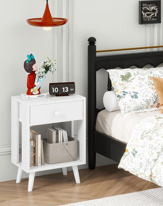Set van 2 nachtkastjes, bijzettafel, nachtkastje, stoffen lade, open rek, massieve houten poten, modern, eenvoudige structuur, voor slaapkamer, woonkamer, wit HST012W-2 — afbeelding 3