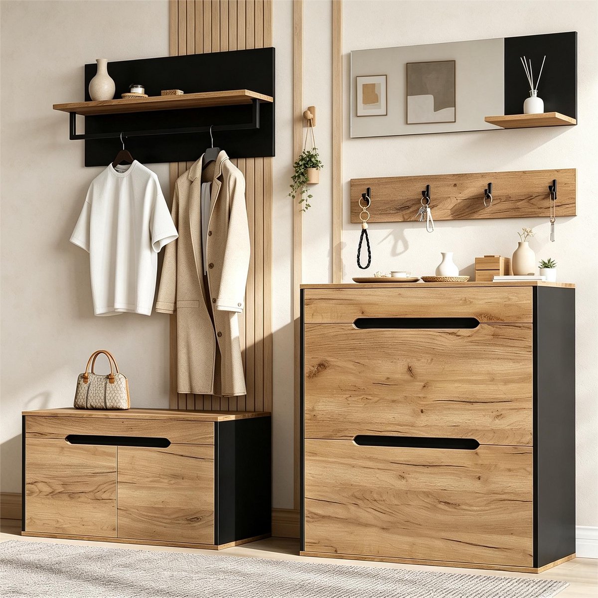 Schoenenkast – Modulaire Garderobeset Met Spiegel, Lades En Haken – Voor Hal En Entree – Houtkleur En Zwart – 156x36x176 Cm