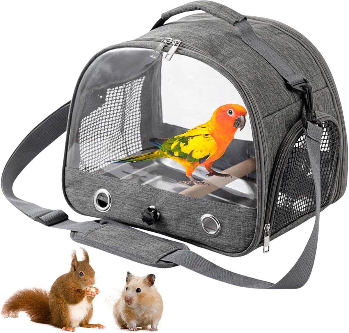 Draagtas voor vogels, transportcontainer en kooi met houten stok, roestvrijstalen dienblad voor papegaaien, parkieten, parkieten