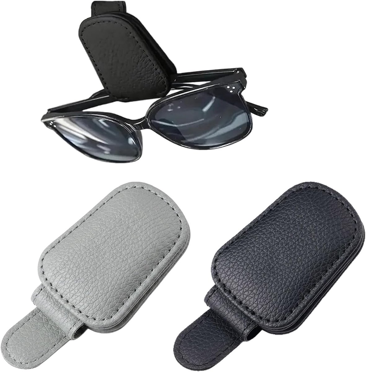 Brilhouder voor de auto [2 set], brilhouder voor zonneklep van leer, universele houder voor zonnebrillen, autoaccessoires, zwart en grijs