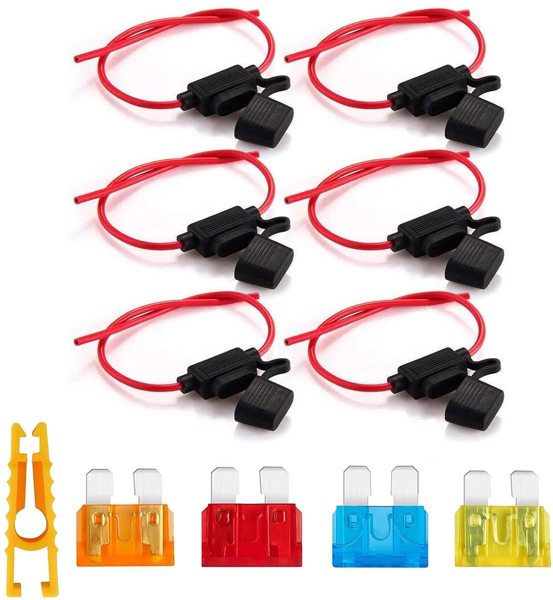 6 stuks, waterdicht, 16 awg, autozekeringhouder, vrachtwagen, zekeringhouder, standaard, platte zekeringhouder met 8 platte zekeringen, 2 x 5 A, 2 x 10 A, 2 x 15 A, 2 x 20