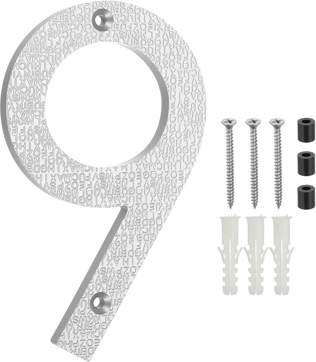 Huisnummers voor Buiten, Nummer 9 ABS Plastic Textuur Drijvend Huisnummer Moderne Brievenbus Adres Deurnummers met Nail Kit voor Outdoor Woonstraat, Zilveren Toon