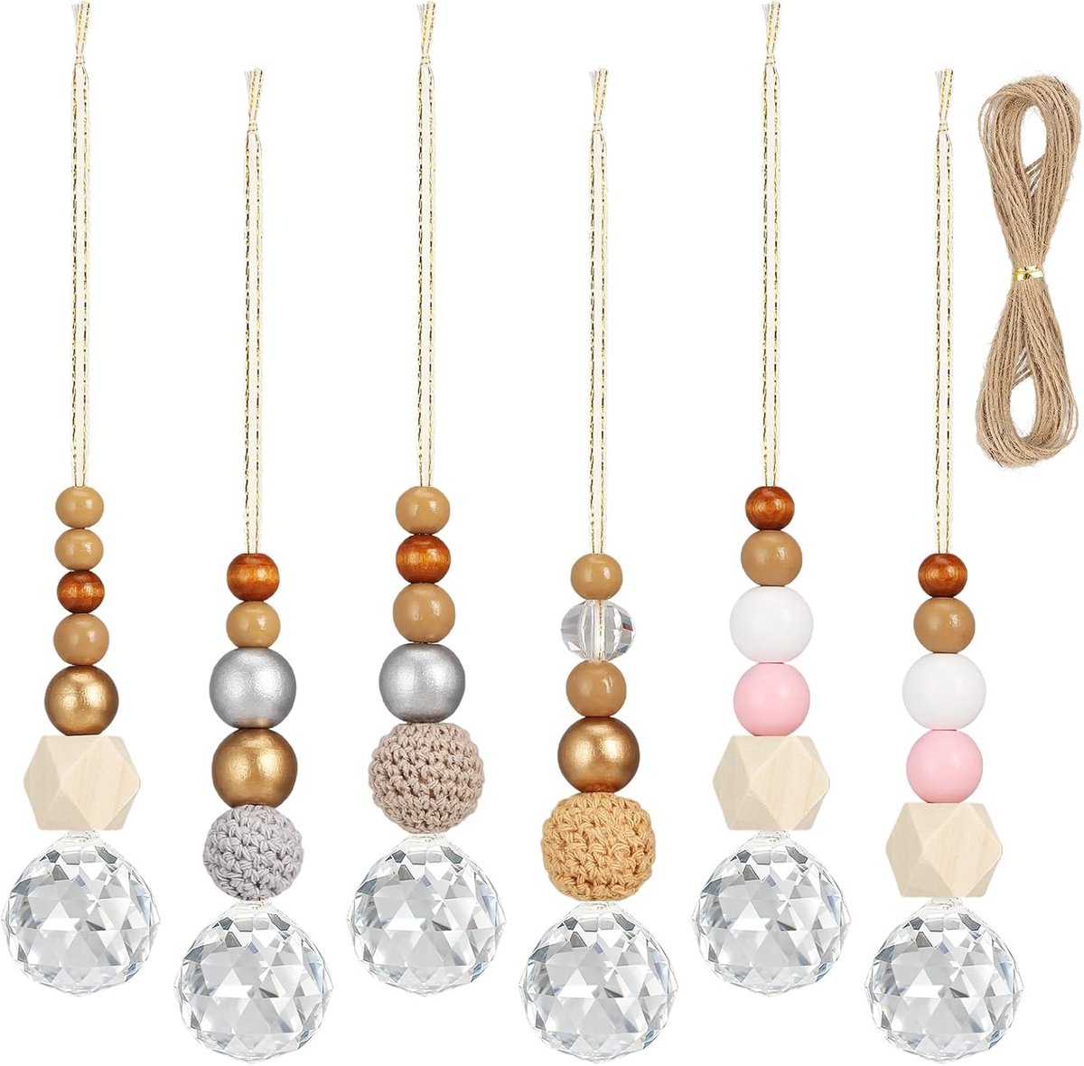 Zonnevanger voor ramen, 6 stuks Suncatchers met kristallen bol en houten kralen, lichtvanger voor tuin en kroonluchter, regenboogdecoratie met zacht lichtspel voor bruiloft en thuis