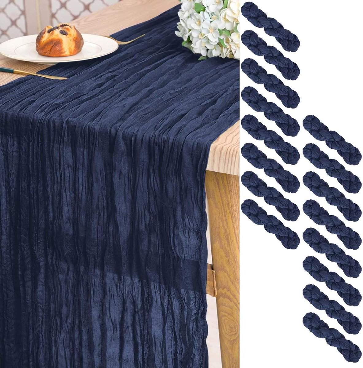 Set van 16 marineblauwe kaasdoek, tafelloper van gaas, lange halfdoorschijnende rustieke boho tafellopers voor bruiloft, bruidsdouche, feest, banketdecoratie (55 x 304 cm)