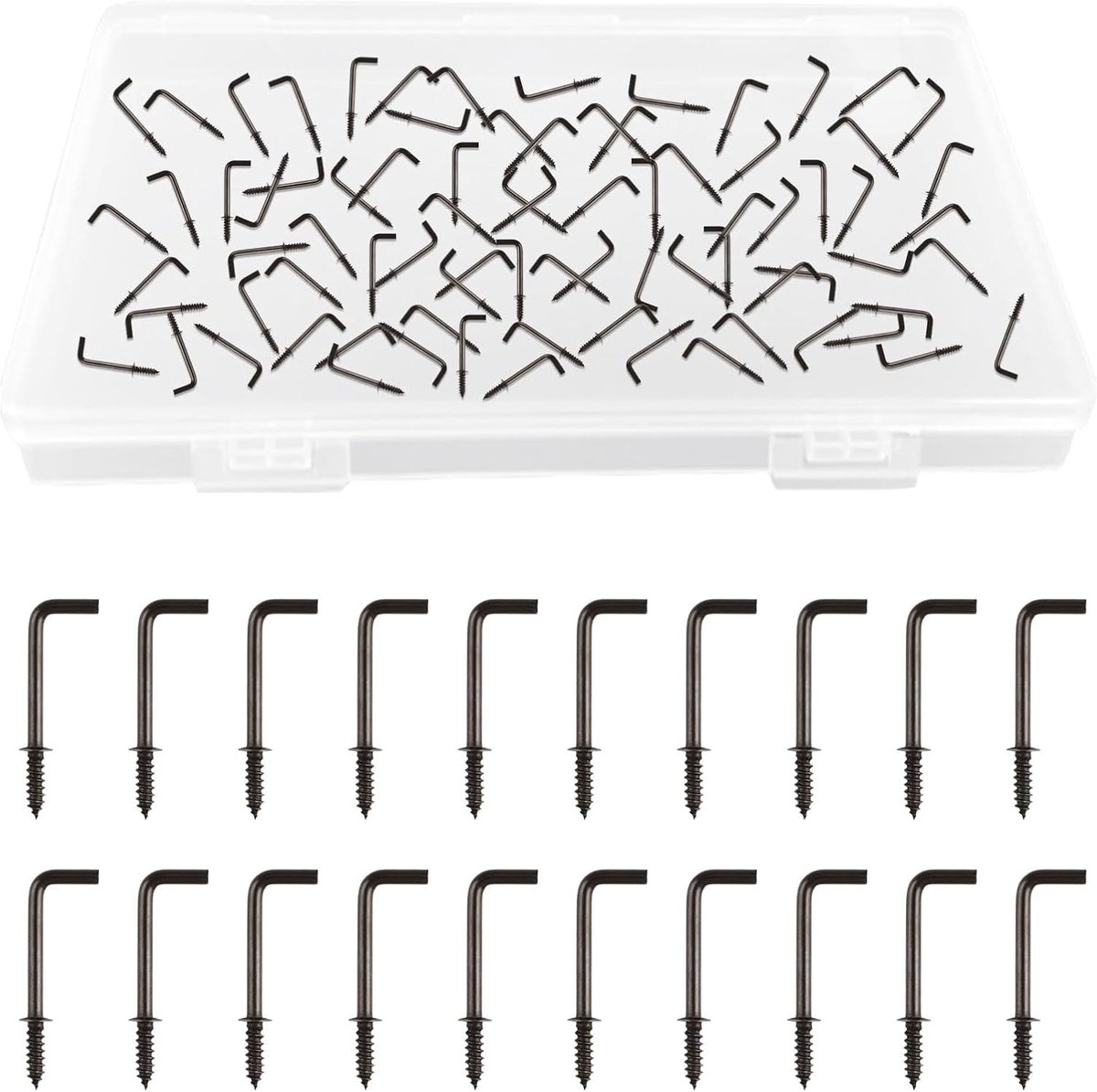 Haken, 90 stuks koolstofstaal vergulde L-vormige haken schouder dressoir cup haken haakse haken Zelftappende schroefhaken met opbergdoos (zwart)
