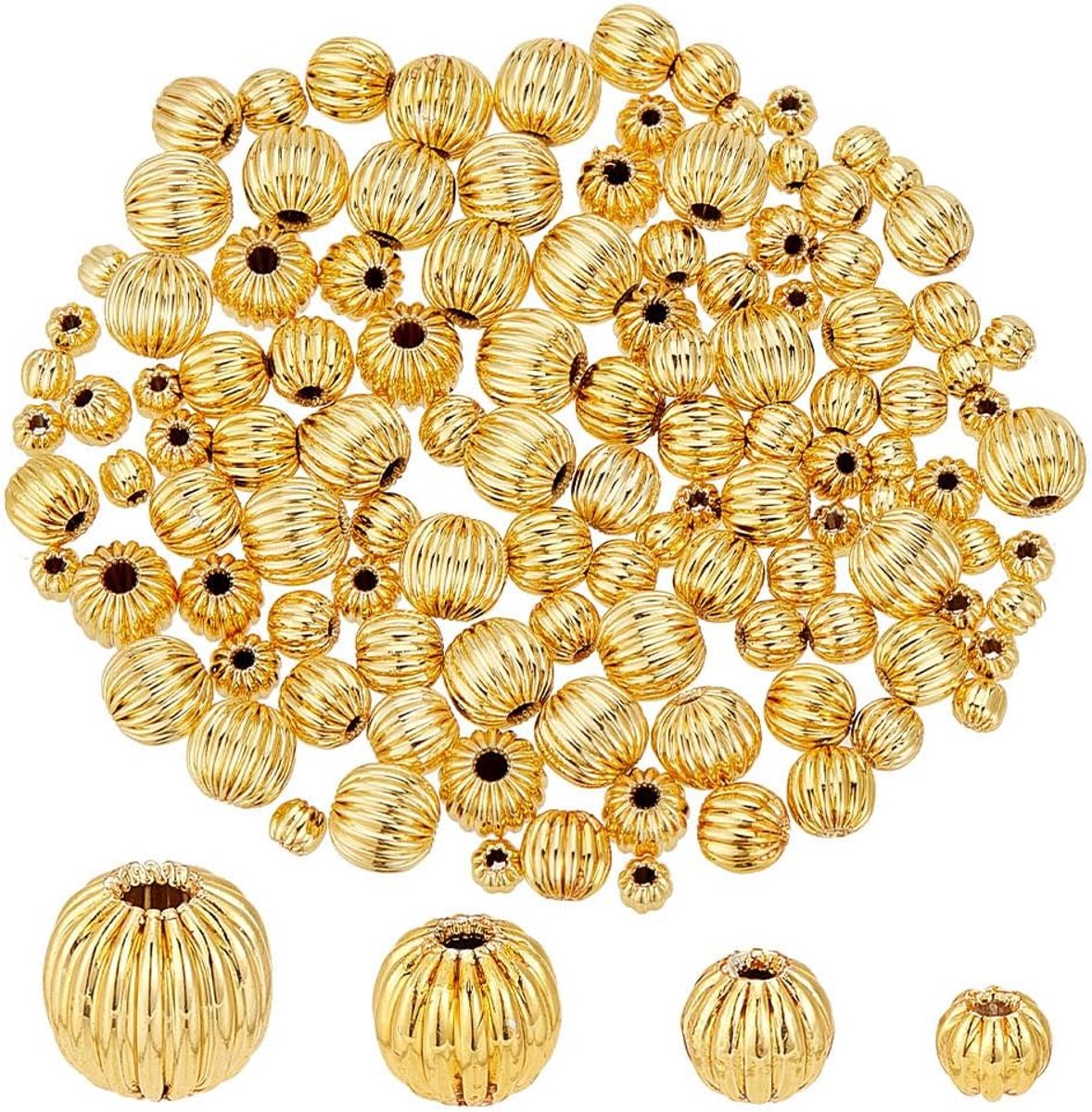PandaHall 120 stuks 18K gouden afstandskralen, 4 maten, gegolfde ronde kralen, 3/4/5/6 mm, metalen messing afstandskralen, lantaarnbal, losse kralen, pompoenkralen voor oorbellen, kettingen,