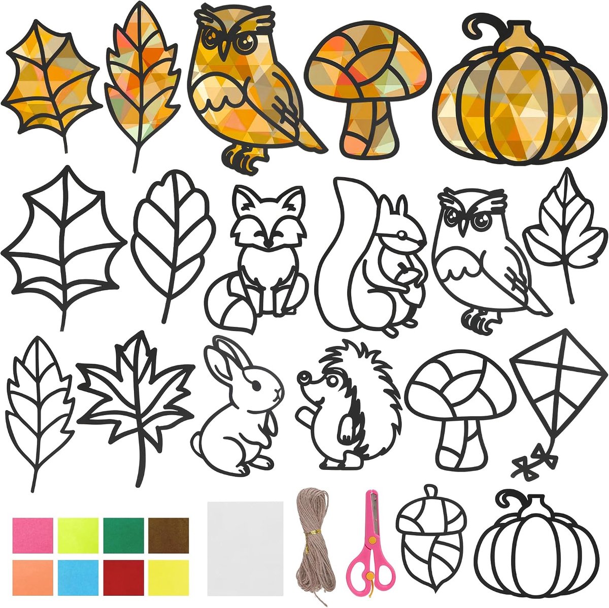 Herfst-knutselset voor kinderen, 14 stuks, herfstdecoratie, doe-het-zelf raamafbeeldingen, esdoornbladeren, dieren en paddenstoelen voor binnen en buiten, Halloween, Kerstmis