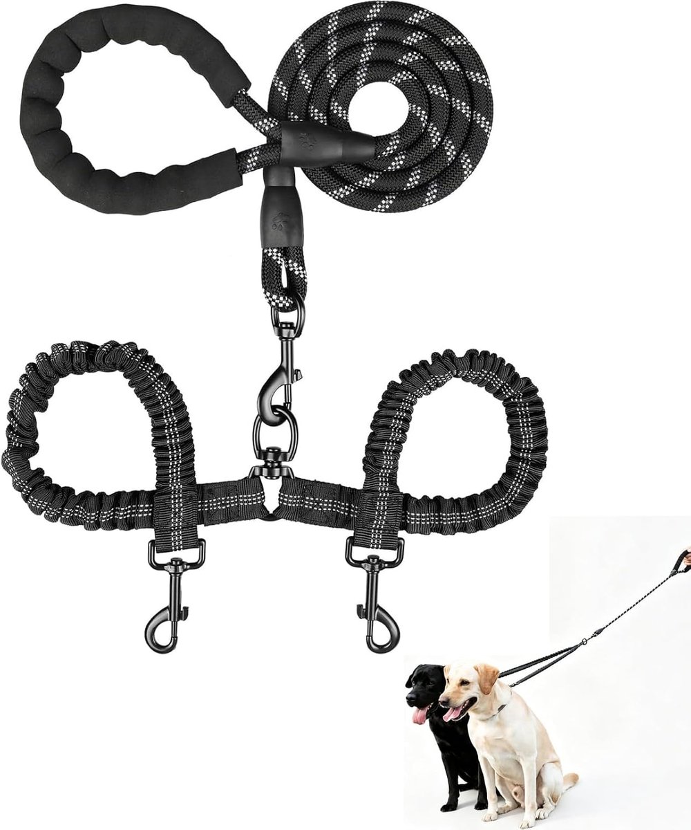 Dubbele hondenriem, dubbele lijn voor honden, 360° draaibaar, geschikt voor middelgrote en grote honden, maakt het mogelijk om twee honden tegelijkertijd aan te trekken