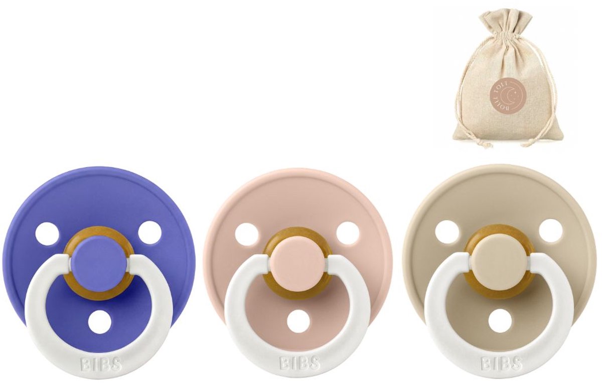 BIBS fopspeen maat 1 - Glow in the dark Grape, Blush en Vanilla + Bolletoet speenzakje