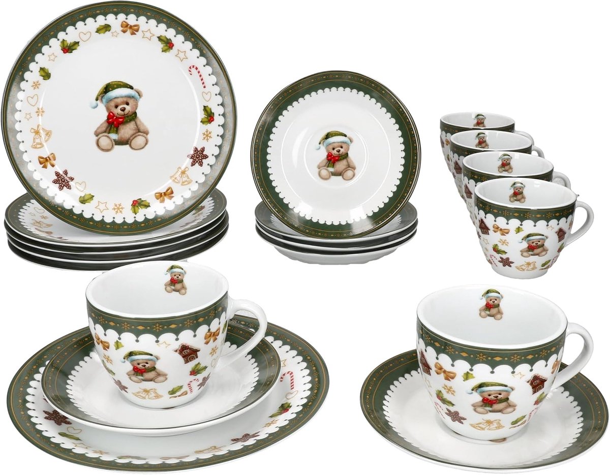 Friend 18-dlg. Koffieservies voor 6 personen | Kerstontbijtset van porselein met teddybeer, peperkoekhuis & Co. | kopjes, schoteltjes en taartborden | voor Kerstmis