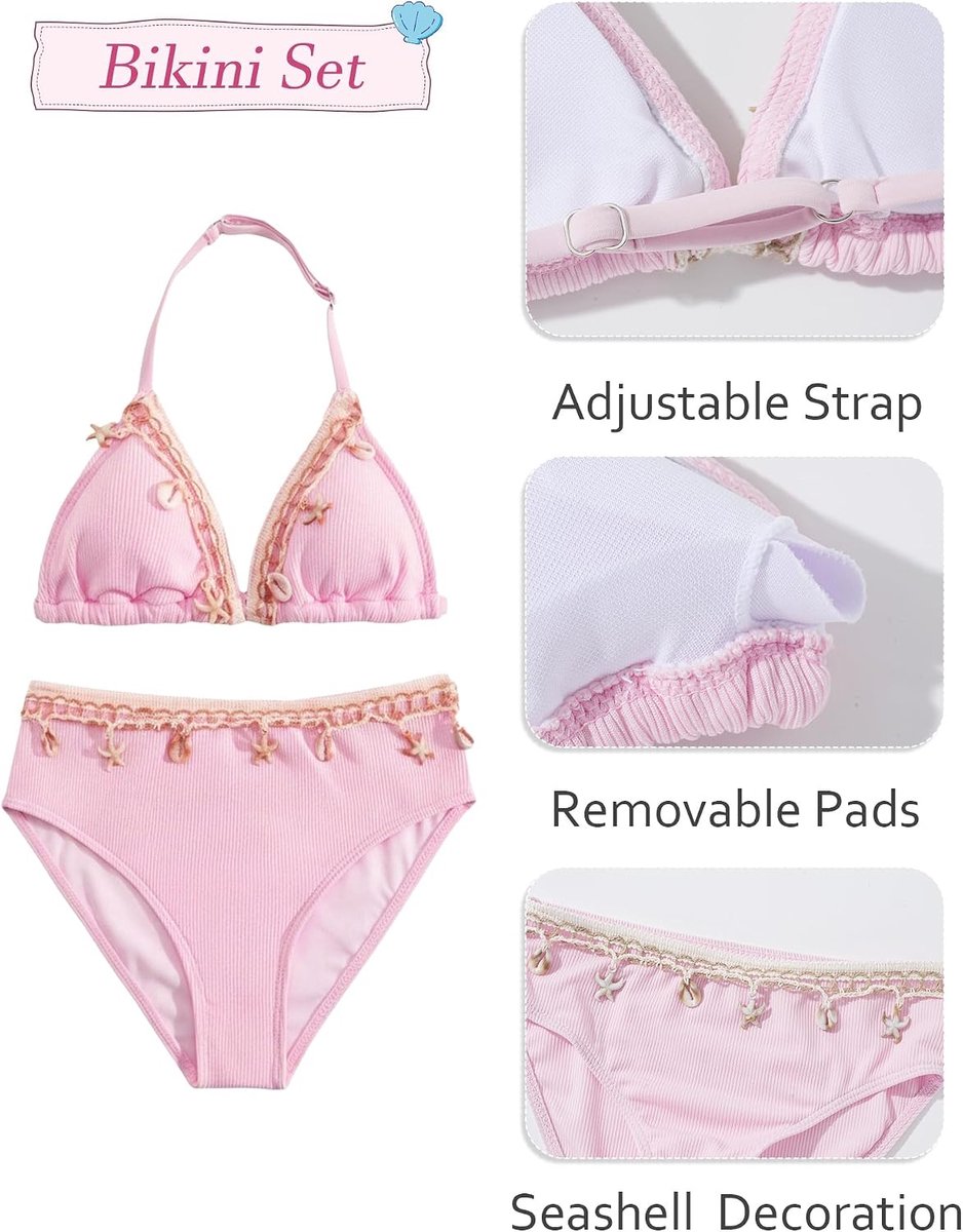 Badpak 3-delig voor kinderen, meisjes, bikinitop + slip + cover-up rok, badmode, schelp, strandkleding, 8-12 jaar