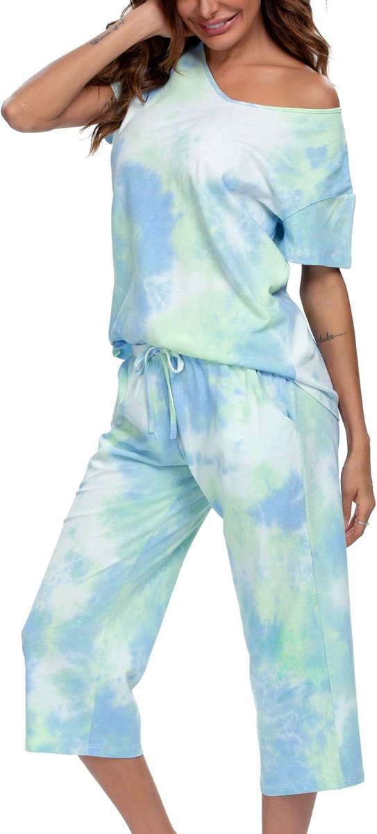 Dames Pyjama Zomer Pyjamaset Korte Mouw T-Shirt met 3/4 Broek Nachtkleding Loungewear