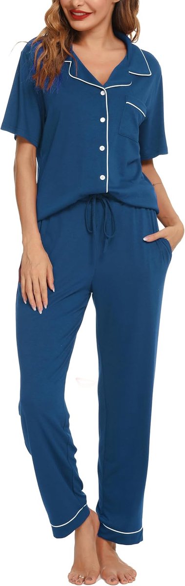 Damespyjama met knopen, zomerpyjama met korte mouwen en zakken, pyjamaset