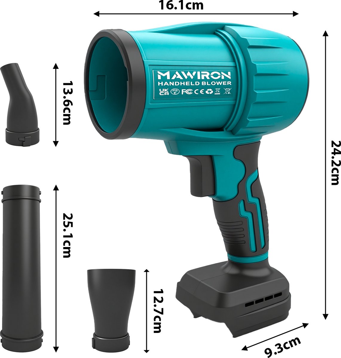 MAWIRON Draadloze Turbo Bladblazer – Compacte Accu Handblazer met Sterke Luchtstroom en 3 Opzetstukken – Voor Tuin, Terras, Garage, Werkplaats en Auto – foto 3