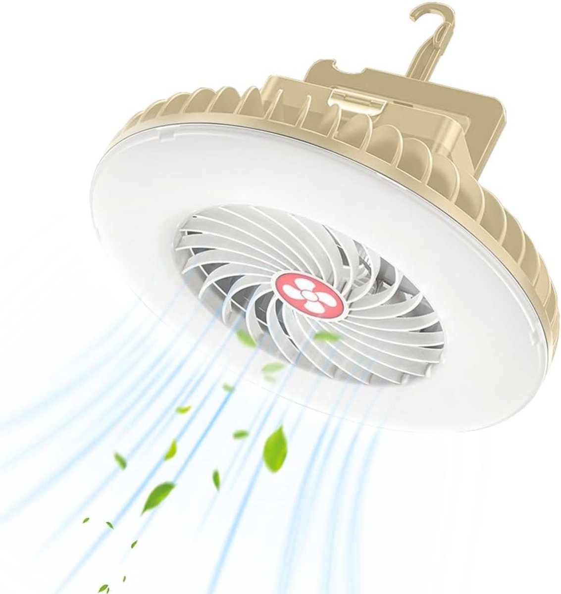 Campinglamp met ventilator, ledlamp, draagbare USB-plafondventilator, oplaadbaar, sterke magnetische adsorptie en ophanghaken, 3 standen windsnelheid (beige)