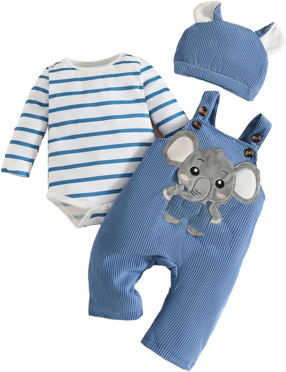 Babykleding voor jongens, lange mouwen, gestreepte romper + schattige bretels, overall met cartoon-dieren + muts voor jongens, 3 stuks, herfstoutfit, 0-18 maanden