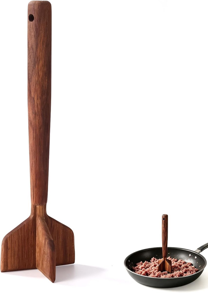 Vlees Hakker & Pureermes, 28cm 4-Snijdende Bladen Houten Rundergehakt Hakker Aardappelstamper Hamburger Platdrukker Kipversnipperaar Multifunctioneel Keukengerei (Bruin)