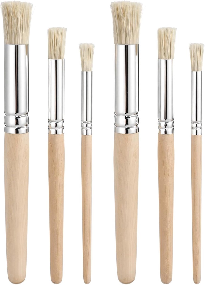 Set van 6 ronde sjablonenpenselen, houten sjabloon, penseel voor schilderwerk | Ronde natuurlijke borstels, 6 maten, stuppenseel voor acryl, olie, aquarel, schilderen, krijt, doe-het-zelf handwerk