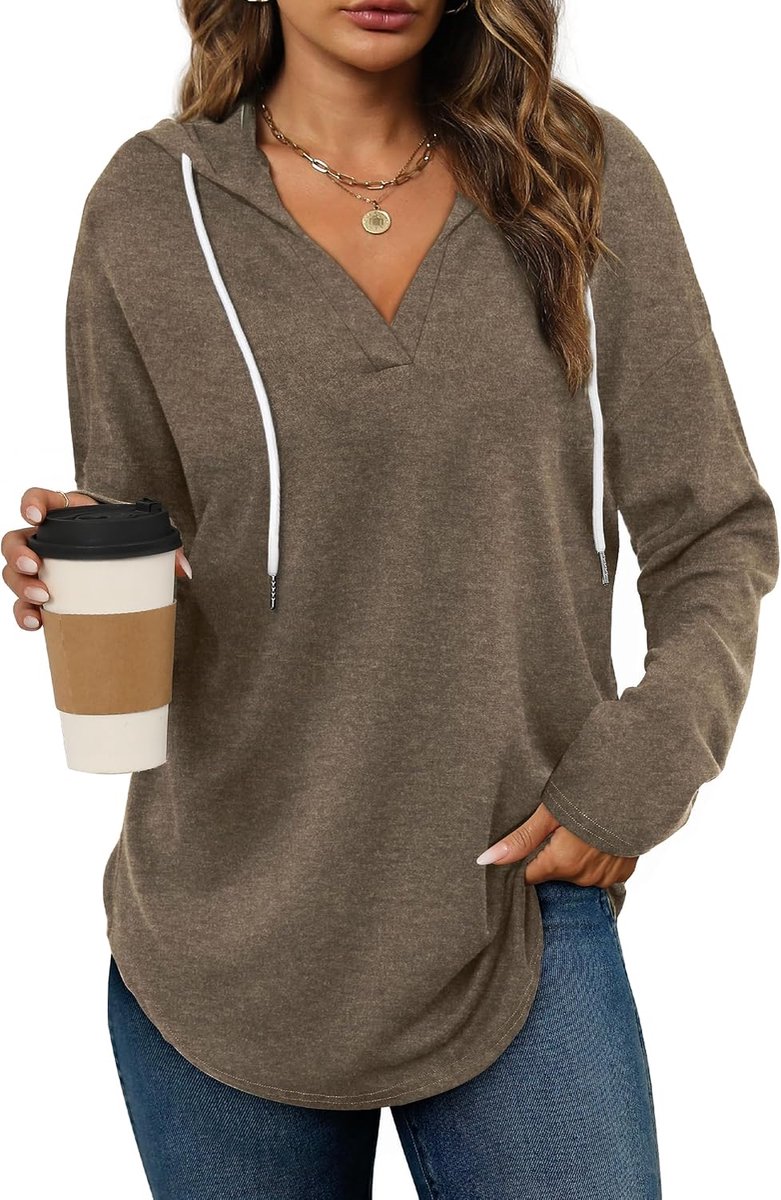 Hoodie Dames V-hals Sweatshirt met Trekkoord Lange Mouw T-shirts Tops Basic Shirt Dames Tees Losse Fit Casual Comfortabel Pullover Bovendeel