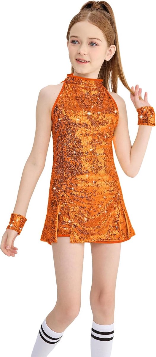 Meisjes Pailletten Dans Kostuum Outfits voor Streetdance Fonkelende Hip Hop Jazz Dans Jurk Set | 4 stuks dansset: haltertop, shorts, armbanden, sokken, paillettenoutfits voor Kerstmis, Halloween, hiphop, themafeest