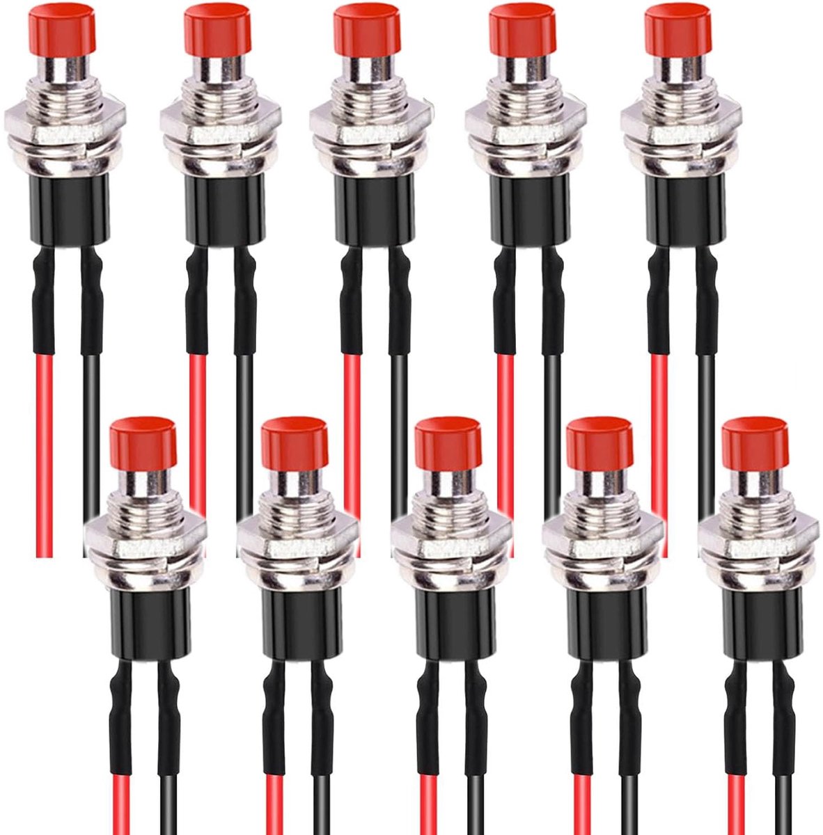 Mini-momentschakelaars met voorbedrading, pulsdrukker zonder vergrendeling, SPST AAN/UIT AC 250V/1A, 2-pins ronde platte drukcontactschakelaars voor modelspoorhobby, 10 stuks