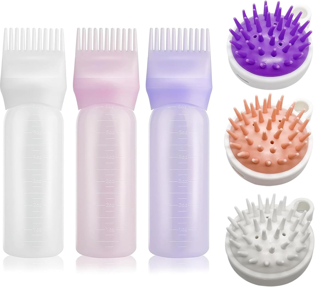 3 Haarolie Applicator Fles 3 Hoofdhuid Massager, Wortel Kam Applicator Fles Afgestudeerd, Haarverf Borstel 120ml, Haar Massager Hoofdhuid Shampoo Borstel (Roze+Wit+Paars)