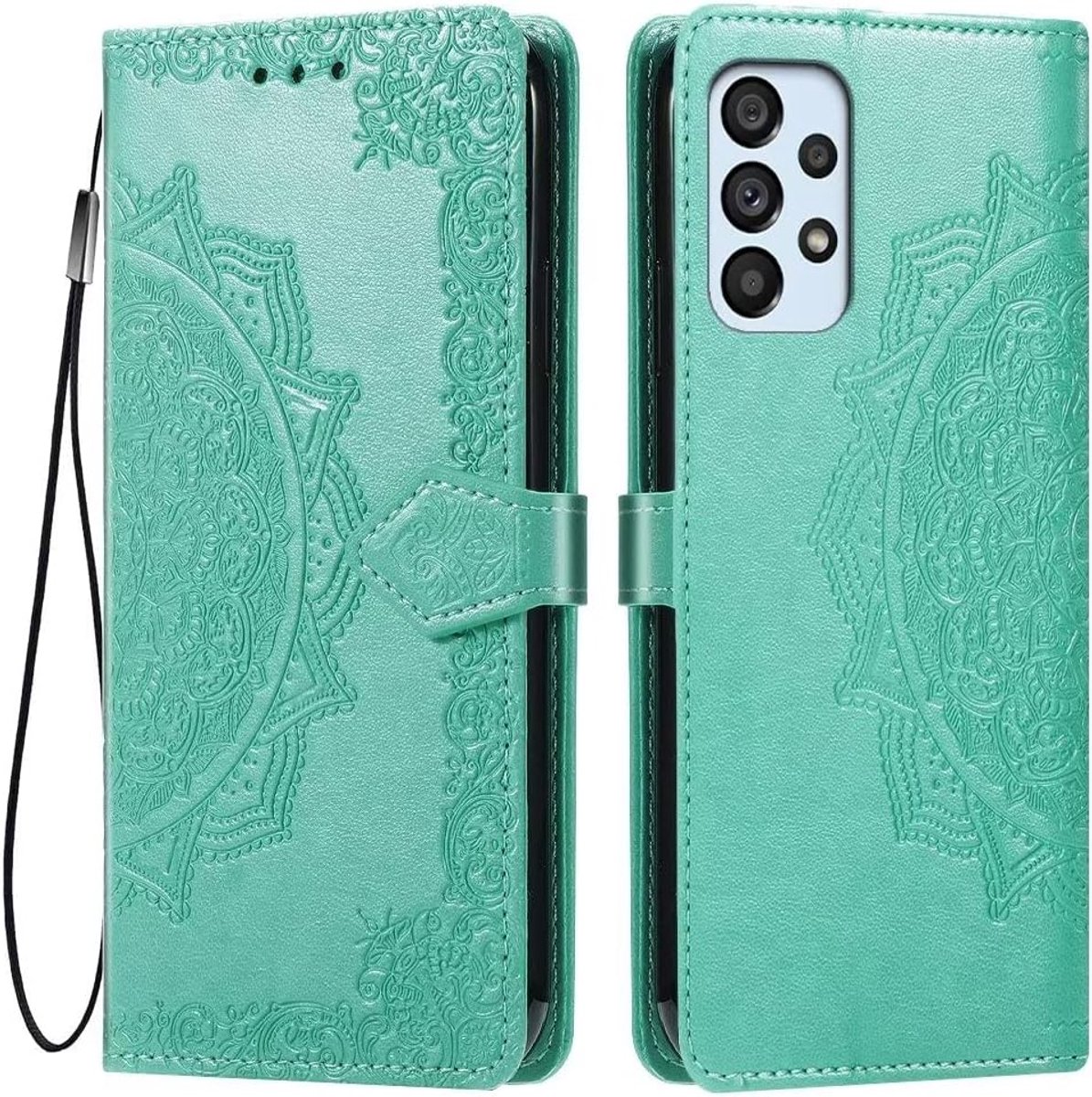 Hoesje voor Samsung Galaxy A53 5G, premium PU-lederen portemonnee-flip magnetische sluiting, mandala-reliëf ontwerp met 3 kaartsleuven, standaard, schokbestendig hoesje