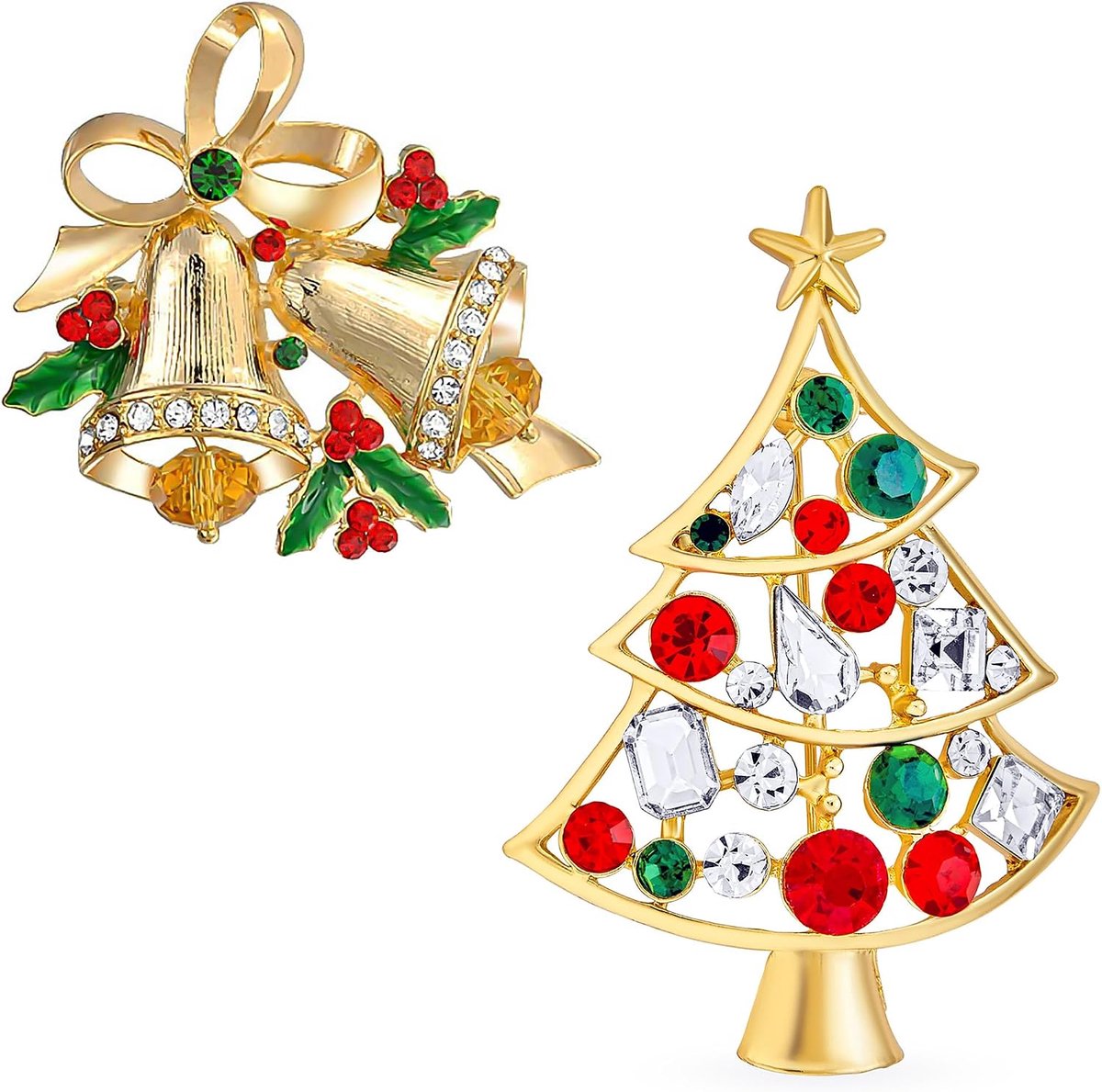 Jewelry Set van 2 Grote Fashion Statement Kleurrijke Crystal Versierde Vakantie Hulst Kerstboom & Klokken Sjaal Broche Pin voor Vrouwen Geel Goud Plated