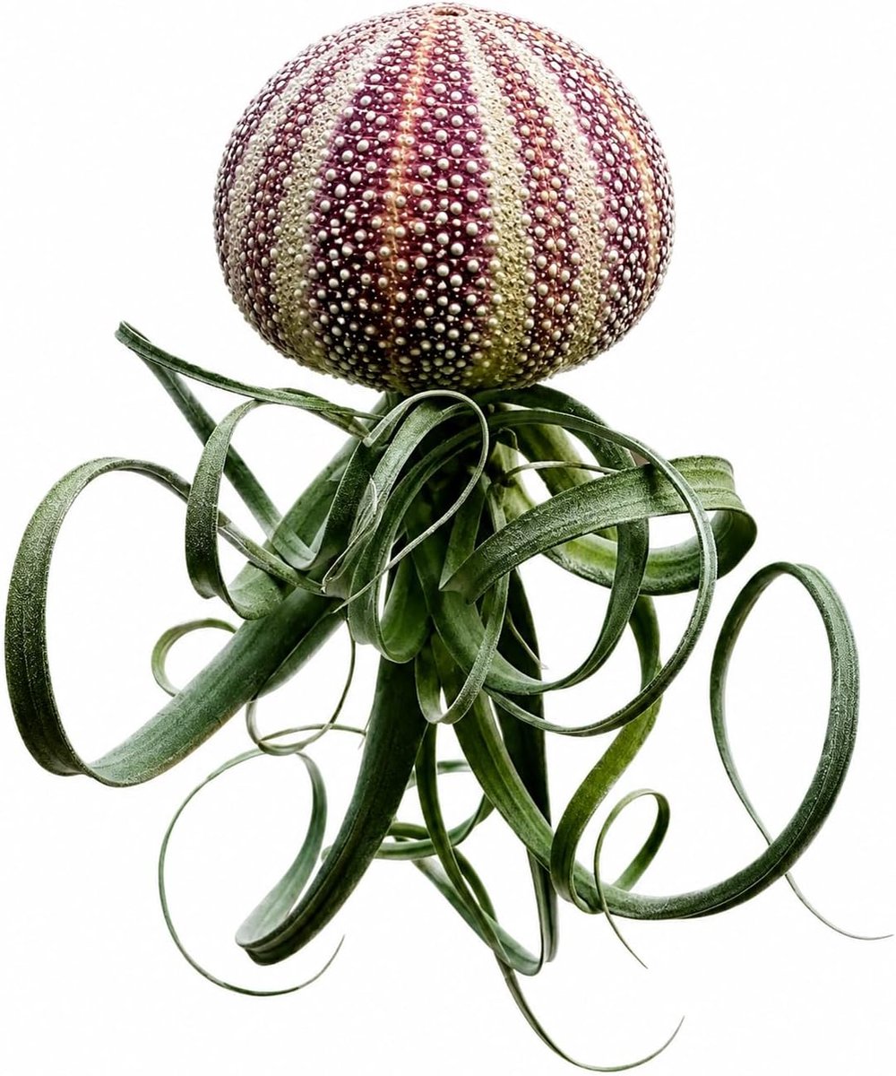 Kwal luchtplant – zeldzame rode zee-egel met Tillandsia Curly Slim – hangende plant zonder pot – unieke handgemaakte decoratie – Trendyairplants