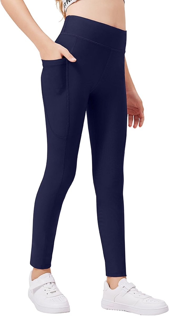 Sportlegging voor meisjes, dunne fleece gevoerde sportlegging voor kinderen, hoge taille, thermische broek, winter, fitnessbroek met zakken, 5-14 jaar