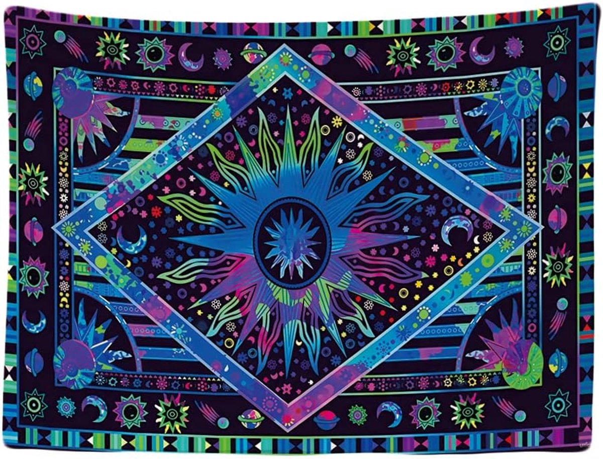 - Etnisch Paars Blauw Heelal Zon Maan - Wandkleed - 200x150 cm - Groot wandtapijt - Poster
