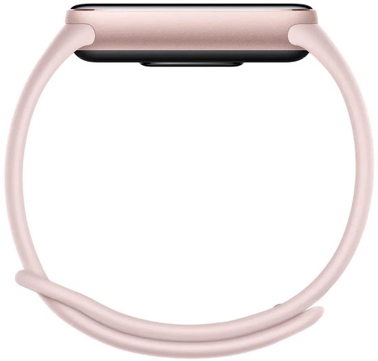 Zijkant van een lichtroze Xiaomi Smart Band met een smal, lichtroze bandje.