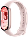Lichtroze Xiaomi Smart Band met een 1.72 inch AMOLED display met 09:28, 2560 stappen, 8/16 zaterdag en 80% batterij.