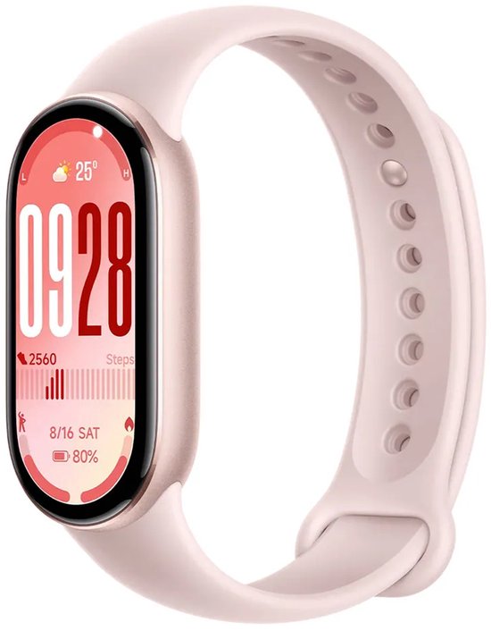Lichtroze Xiaomi Smart Band met een 1.72 inch AMOLED display met 09:28, 2560 stappen, 8/16 zaterdag en 80% batterij.