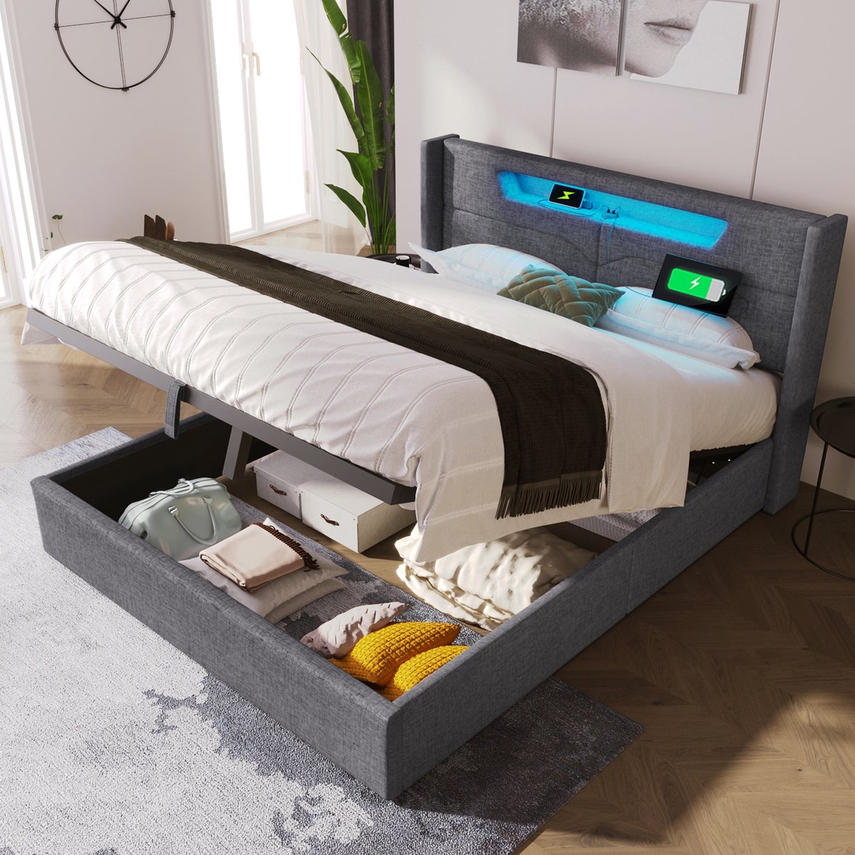 Gestoffeerd bedframe - voor matras 140 x 200 cm - grijs - met LED-verlichting en USB-aansluiting en opbergruimte en lattenbodem - voor de slaapkamer