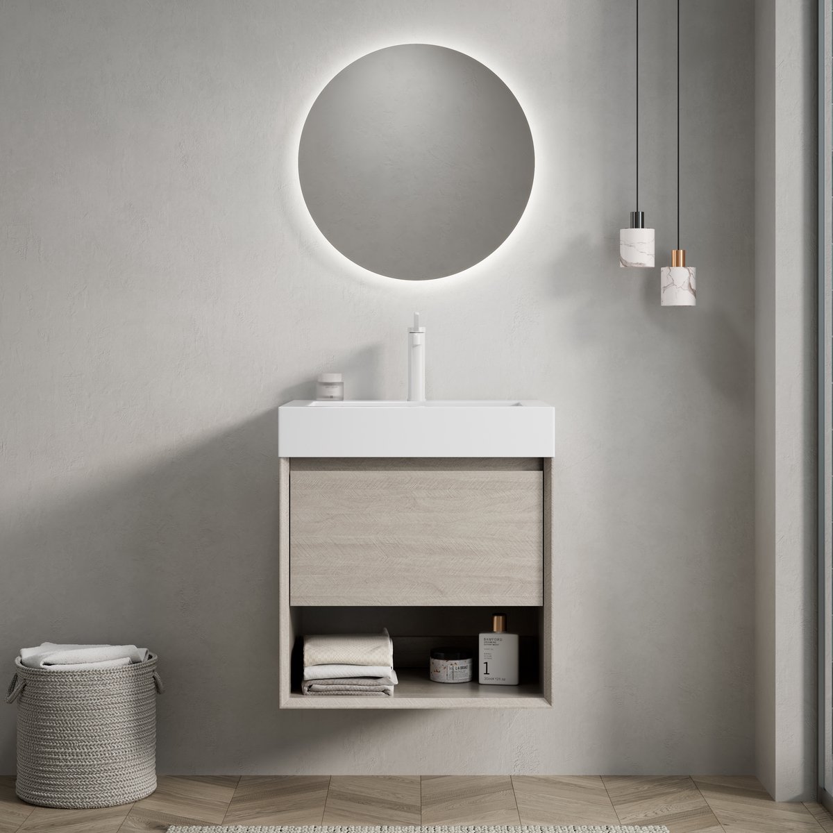 Hangend badkamermeubel met wastafel - Compacte opbergoplossing - 55 cm - Licht eiken & wit - Resin wastafel met overloop - 1 soft-close lade & open legvak - Voorgemonteerd