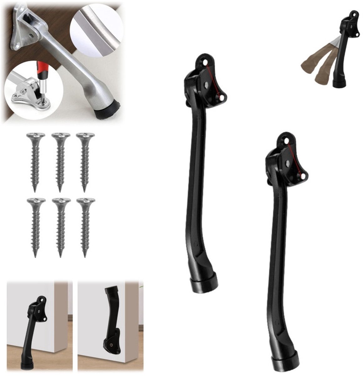 2 Deurstoppers – Met één hand verstelbare metalen deurstop – Zinklegering – Met rubberen stootkussen – 19 cm – Geschikt voor binnen- en buitendeuren en balkondeuren – deurstopper - zware deurstopper - hoefijzer deurstopper - voor binnen en buiten
