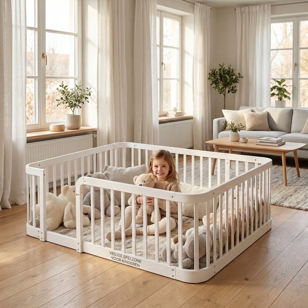 Modulaire babybox 140 x 200 cm - 7 cm spijlafstand en afgeronde hoeken - Wit