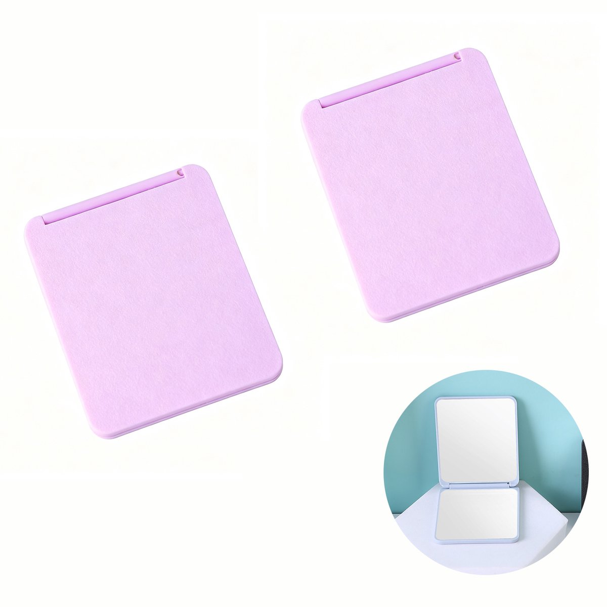 Mini Vierkant opklapbaar make-up spiegel met dubbelzijdig glas- draagbare reisspiegel van plastic- zelfstandig te plaatsen tafelspiegel voor studenten en dagelijks gebruik- past in tas en portemonnee 2PCS