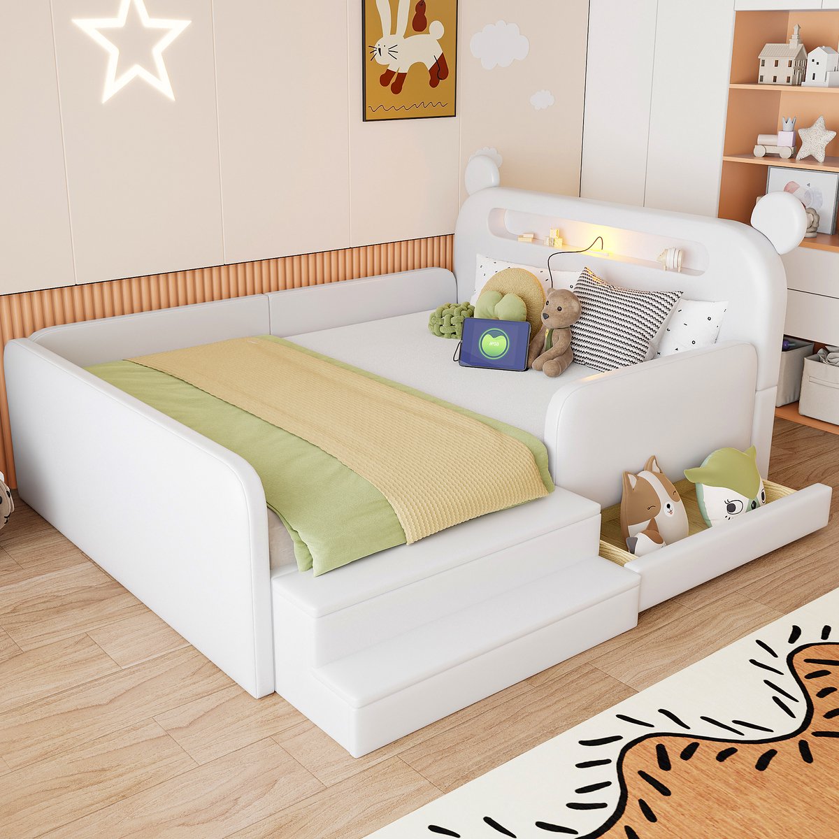 DESMIU Kinderbed 140 x 200 cm – Beren Hoofdbord Met Nachtlampje En USB Aansluiting – Opbergruimte En Bedlade – Voor Kinderkamer – Kunstleer – Wit Zonder Matras