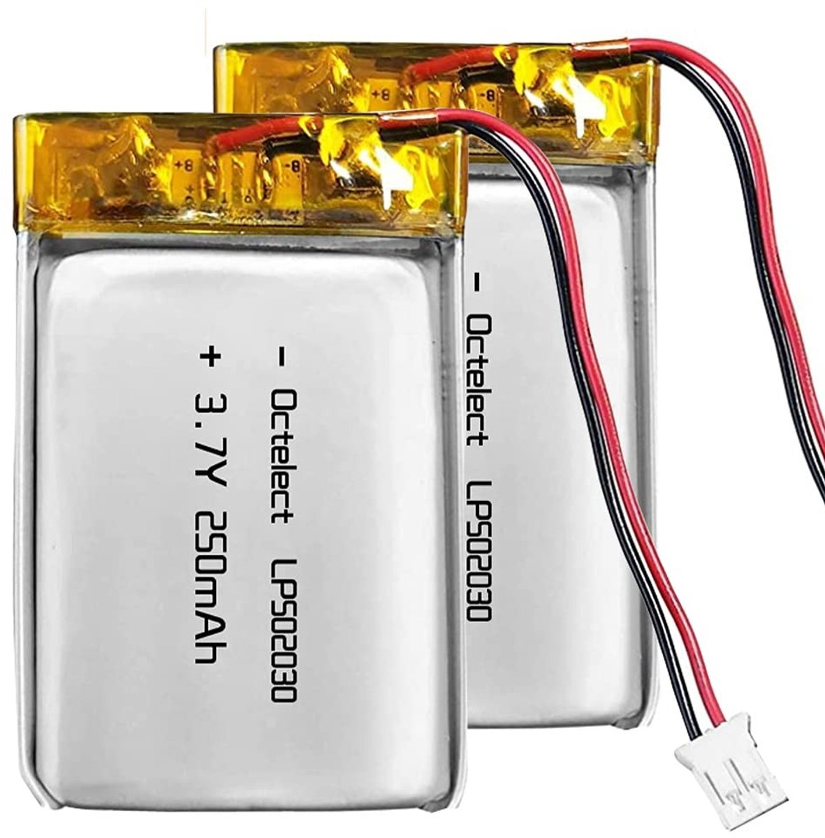 SolidKeus - 2 Stuks 3.7V Li-Ion Oplaadbare 250mAh Lipo Batterijen met JST Jack