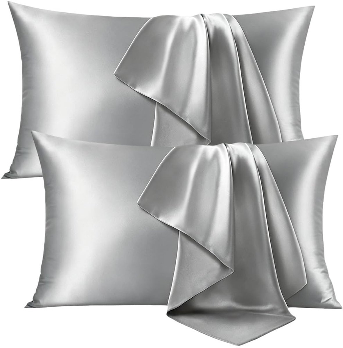 SolidKeus - Set van 2 Zilveren Satijnen Kussenslopen 50 x 70 cm